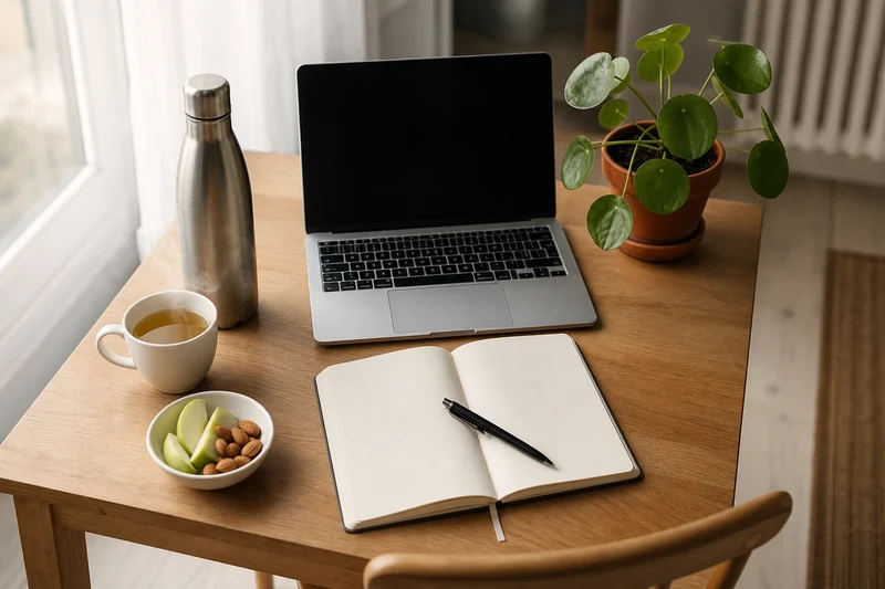 Bureau de télétravail avec gourde en inox, tisane et en-cas hydratants à portée de main