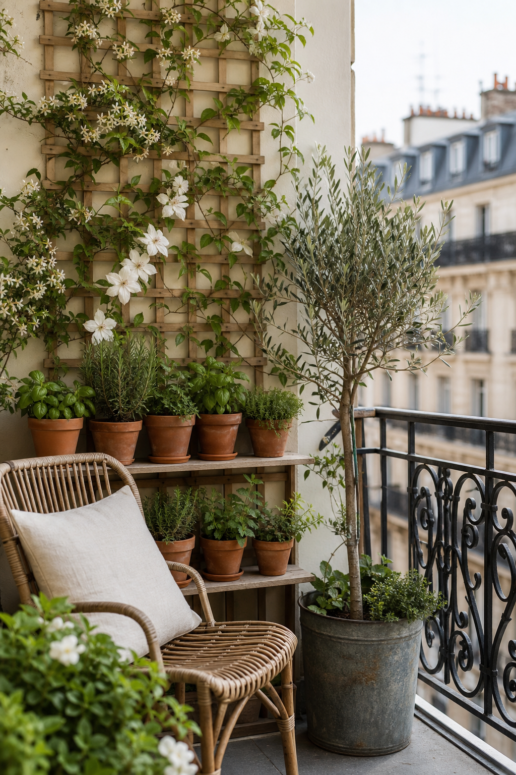 Jungle urbaine sur un balcon parisien avec treillis, plantes grimpantes et olivier en pot
