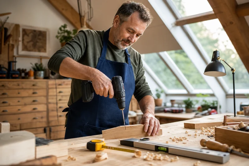 Papa bricoleur découvrant un coffret d'outils dans son atelier pour la Fête des Pères