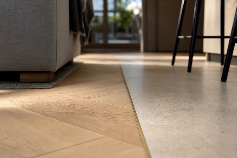 Jonction soignée entre parquet chêne du salon et grès cérame de la cuisine, profilé laiton
