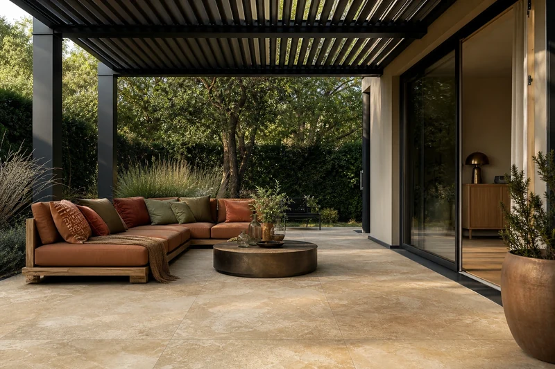 Terrasse contemporaine en grès cérame effet pierre sous pergola aluminium