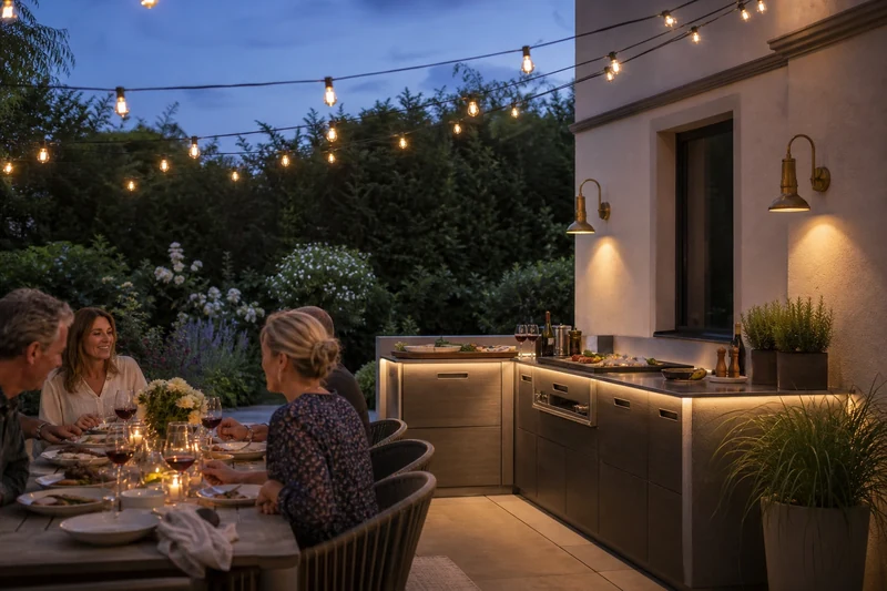 Cuisine extérieure illuminée le soir par guirlandes, appliques et spots fonctionnels