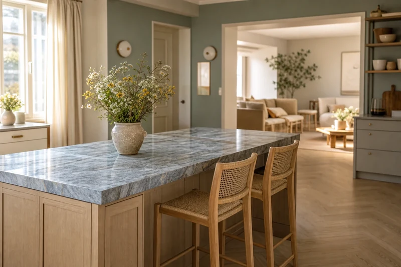 Îlot central de cuisine française avec plan de travail en quartzite veiné gris bleu et tabourets en bois clair cannage