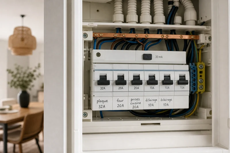 Tableau électrique de studio avec disjoncteurs étiquetés pour les circuits de cuisine