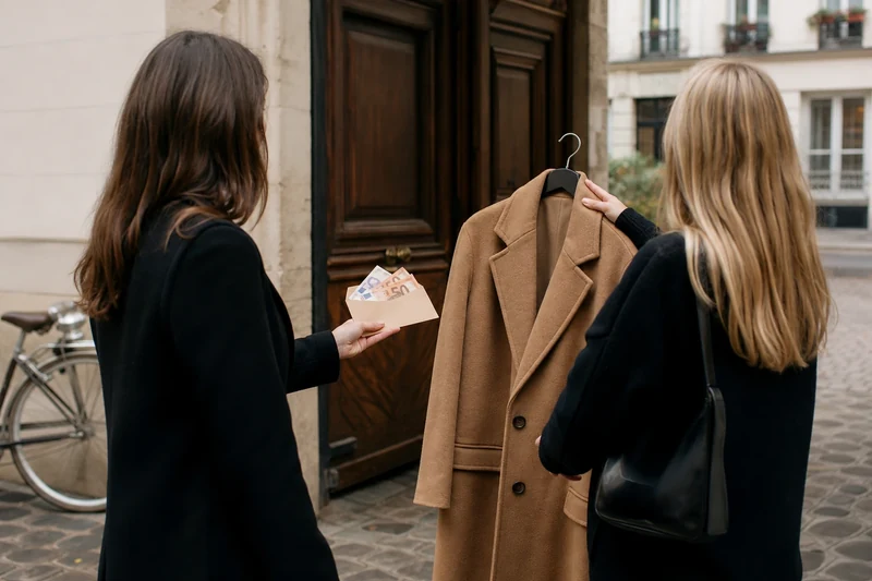 Remise en main propre d'un manteau d'occasion entre particulières dans une rue parisienne