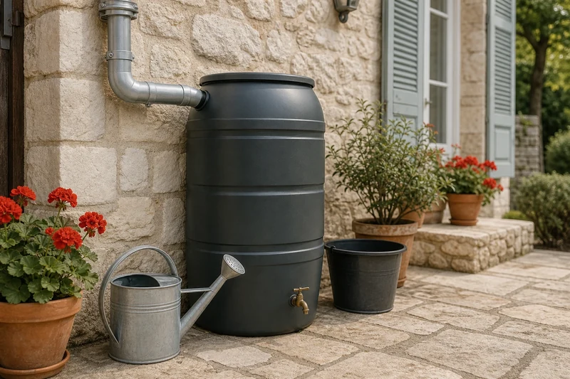 Cuve récupérateur d'eau de pluie de 300 litres raccordée à une gouttière dans un jardin