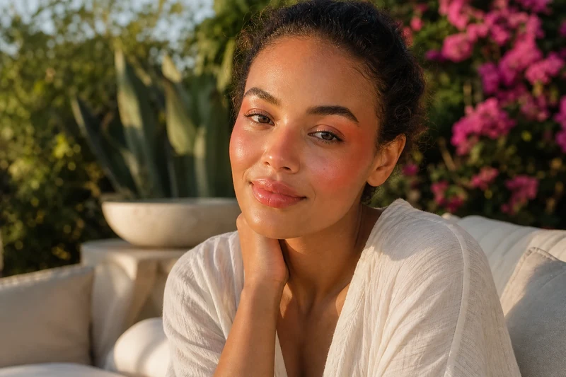 Look maquillage monochrome flushed skin corail-pêche, tendance été 2026