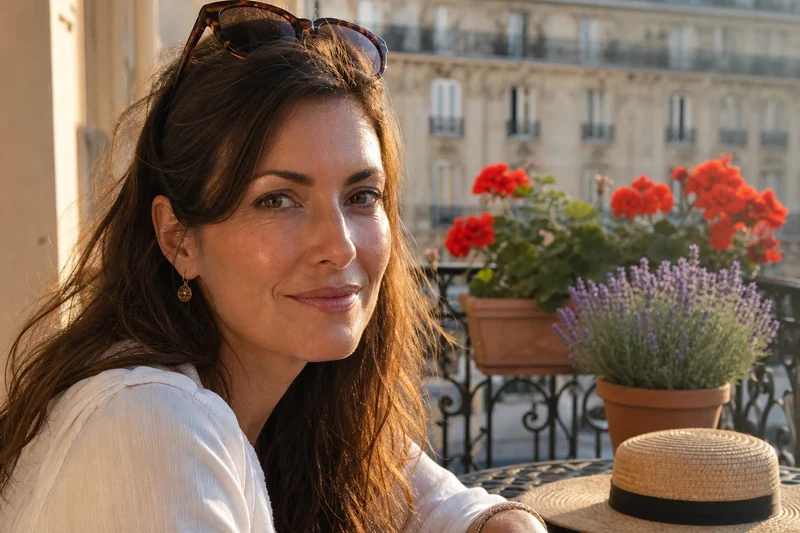 Femme à la peau glass skin sur un balcon parisien fleuri en été