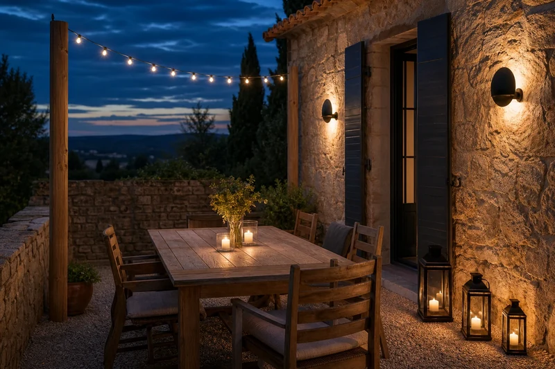 Composition d'éclairage extérieur en couches : guirlande LED chaude, appliques murales, lanternes au sol et bougies