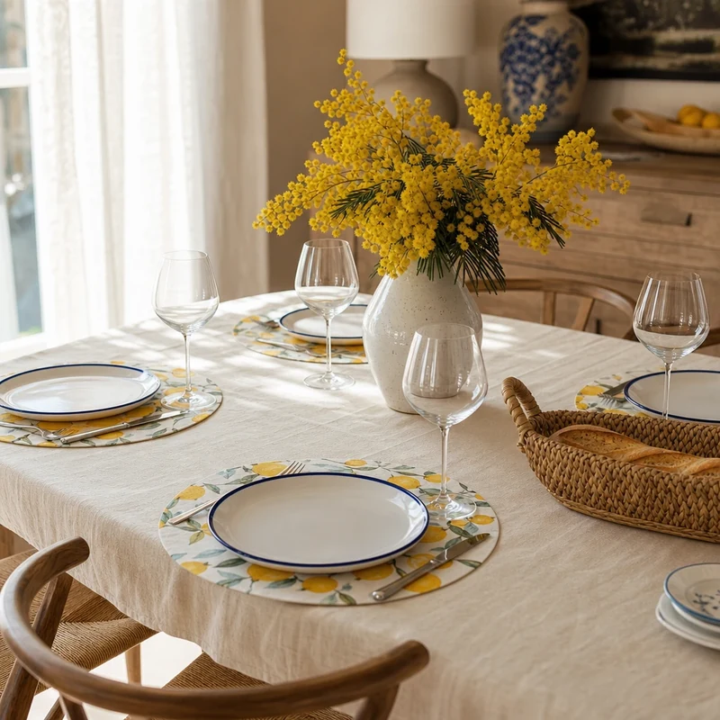 Table dressée Preppy Riviera avec sets motif citron et vaisselle céramique blanche bordée de bleu cobalt