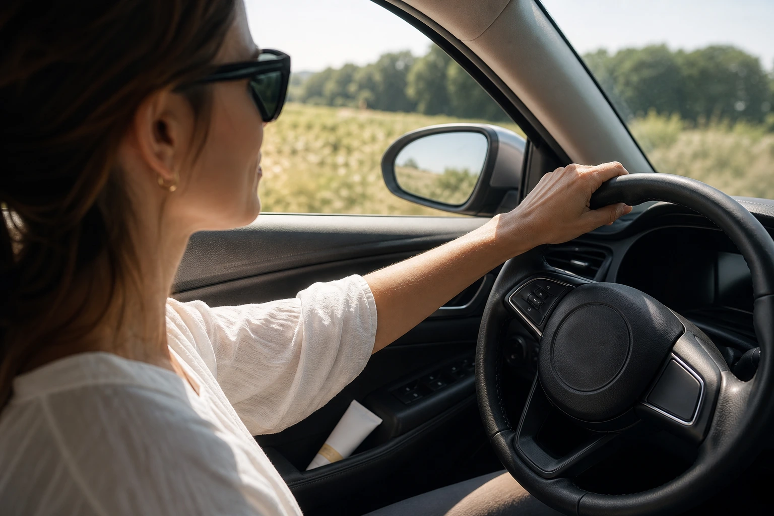 UVA traversant la vitre de voiture sur la main d'une conductrice au volant