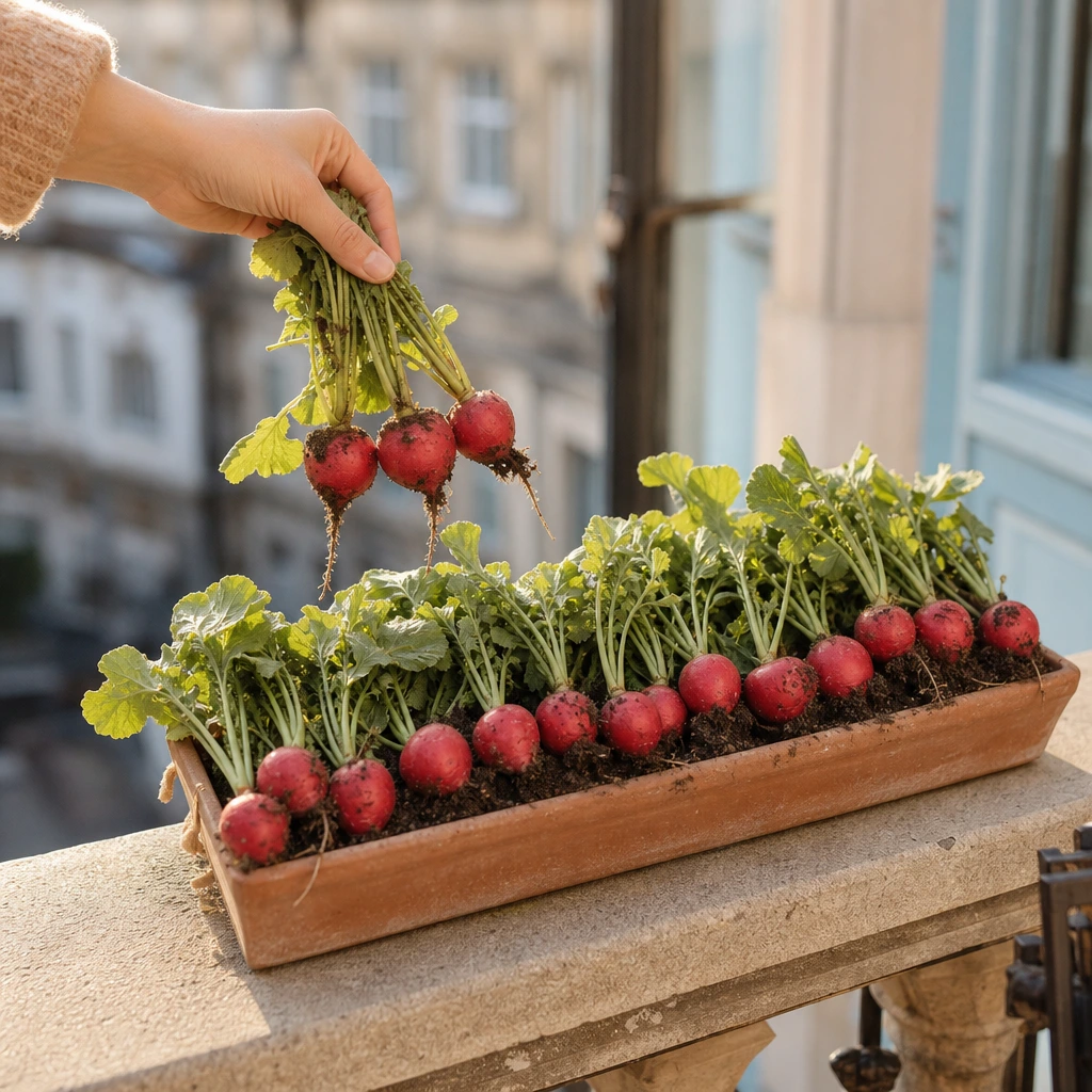Récolte de radis ronds Dix-huit jours fraîchement arrachés sur balcon