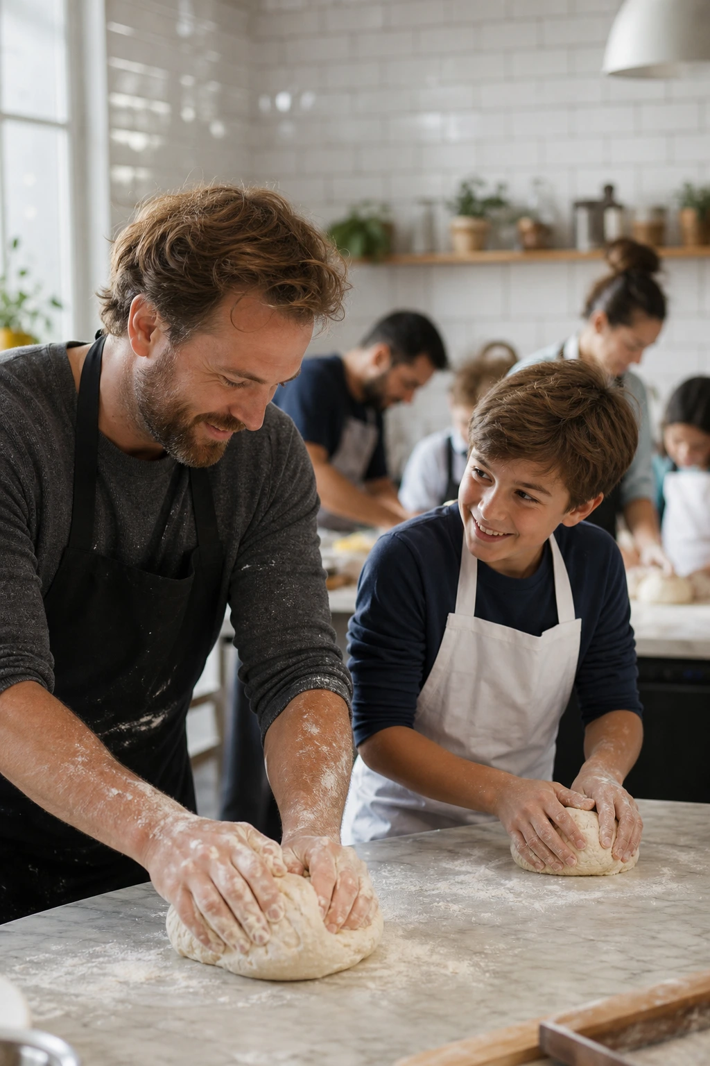 Atelier cuisine parent-enfant pour la fête des pères : papa et enfant pétrissent une pâte à pain ensemble