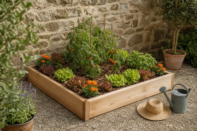 Carré potager familial de juin avec tomates, salades, basilic et œillets d'Inde en compagnonnage