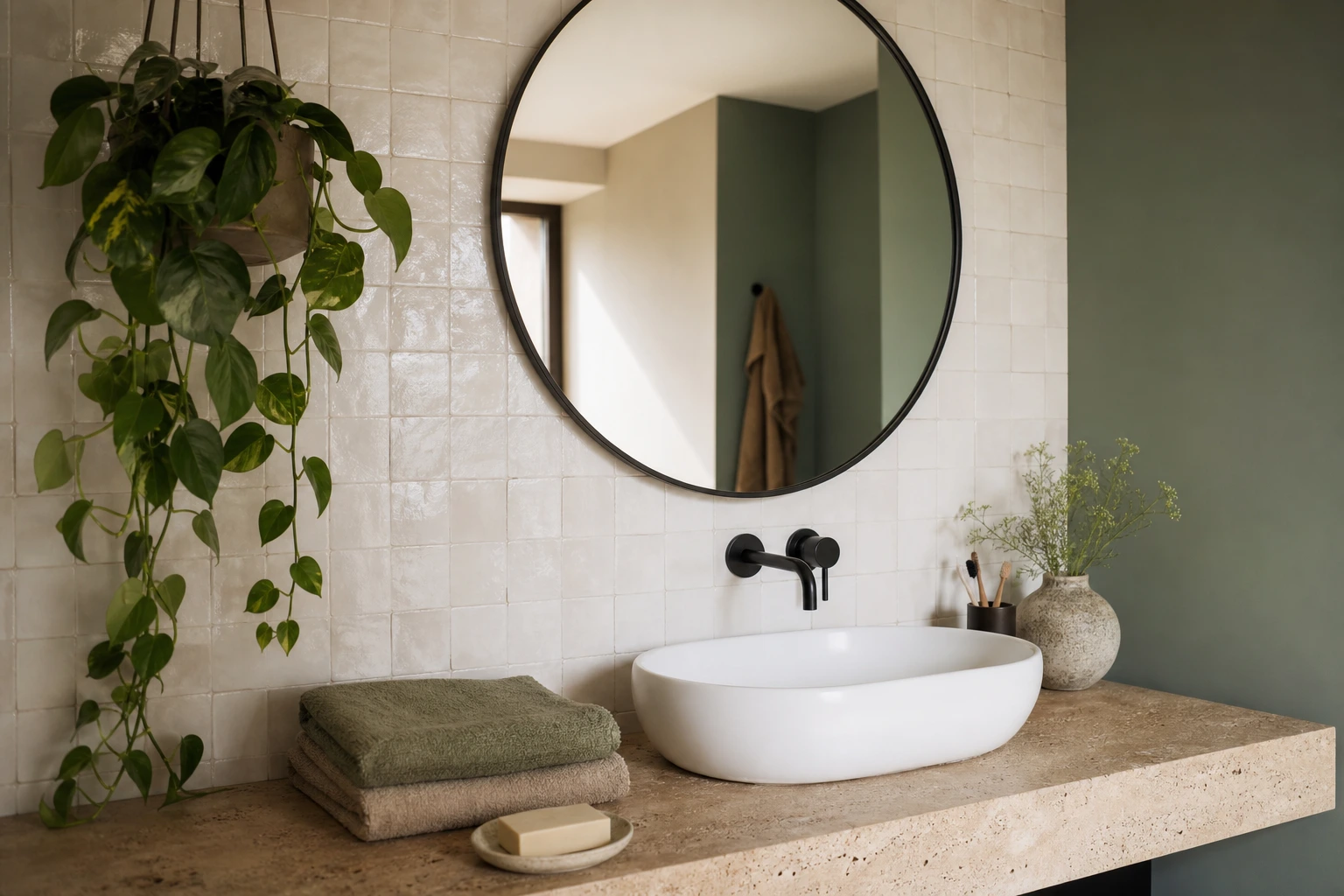 Salle de bain 2026 vert sauge grisé avec robinetterie noire mate et zellige blanc cassé