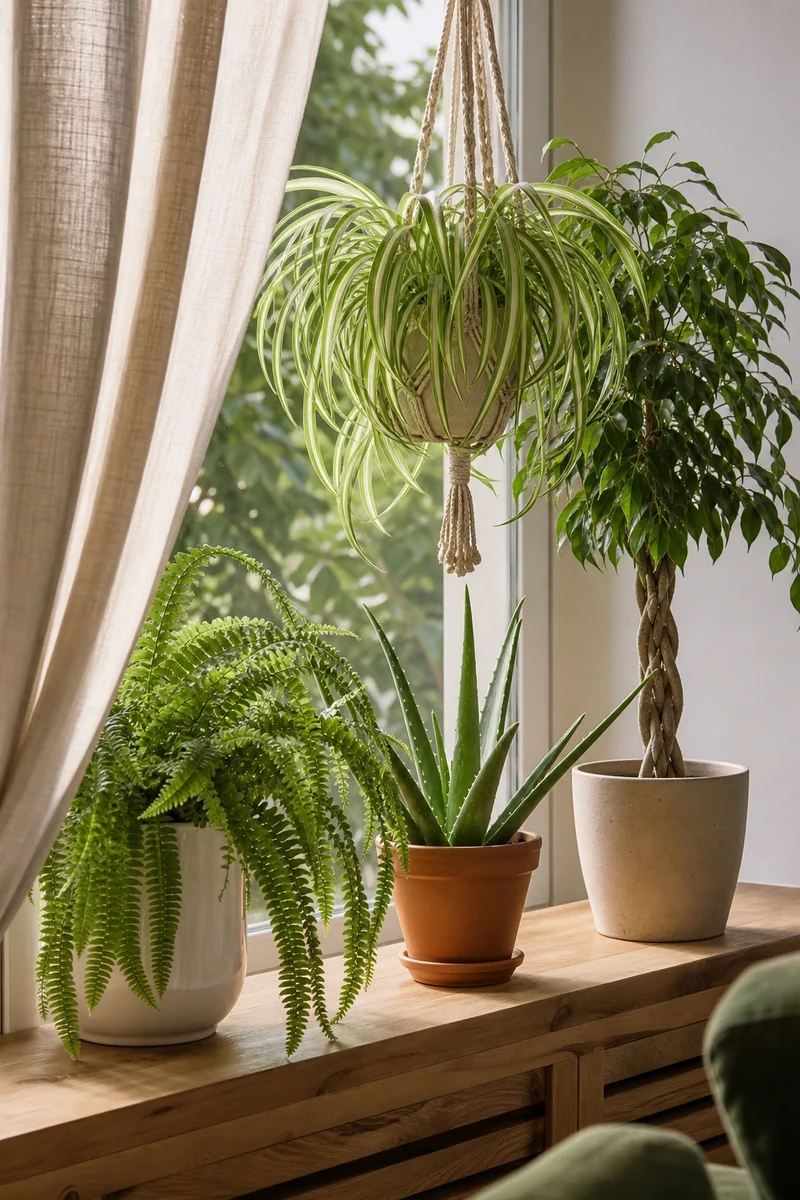 Fougère de Boston, aloe vera, plante araignée et ficus benjamina sur un rebord de fenêtre
