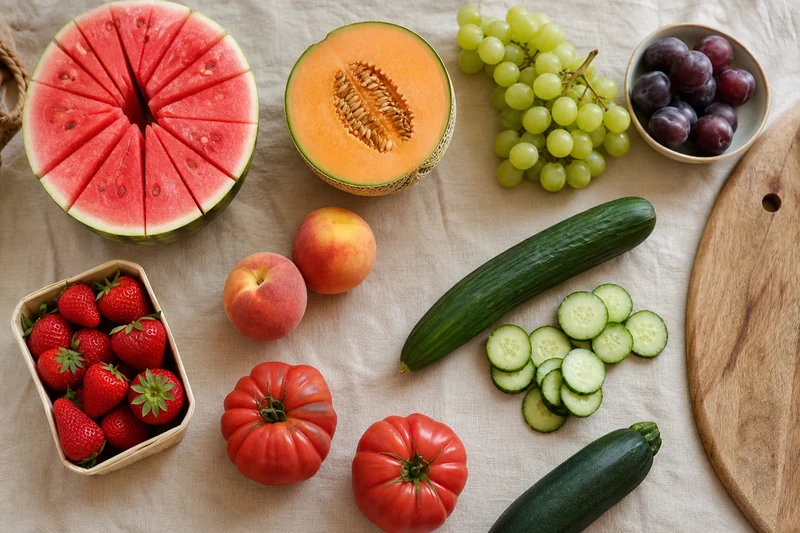 Pastèque, melon, concombre, tomates et fruits d'été riches en eau pour s'hydrater pendant la chaleur