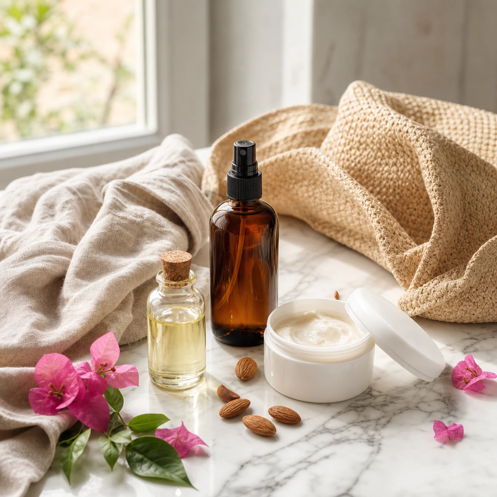 Routine de protection capillaire estivale : spray UV, huile de coco, masque réparateur et chapeau de paille