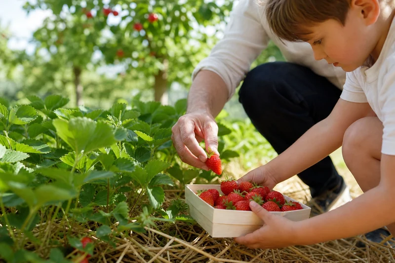 Récolte de fraises gariguette fin juin au potager familial