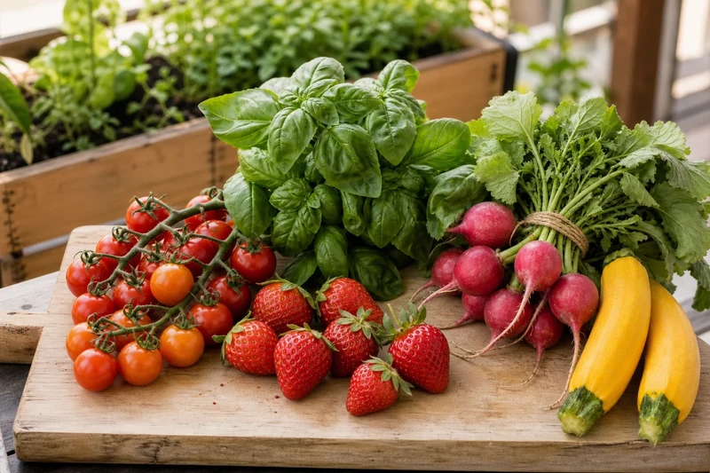 Récolte de tomates cerises, fraises, radis, courgettes jaunes et basilic depuis un potager de balcon