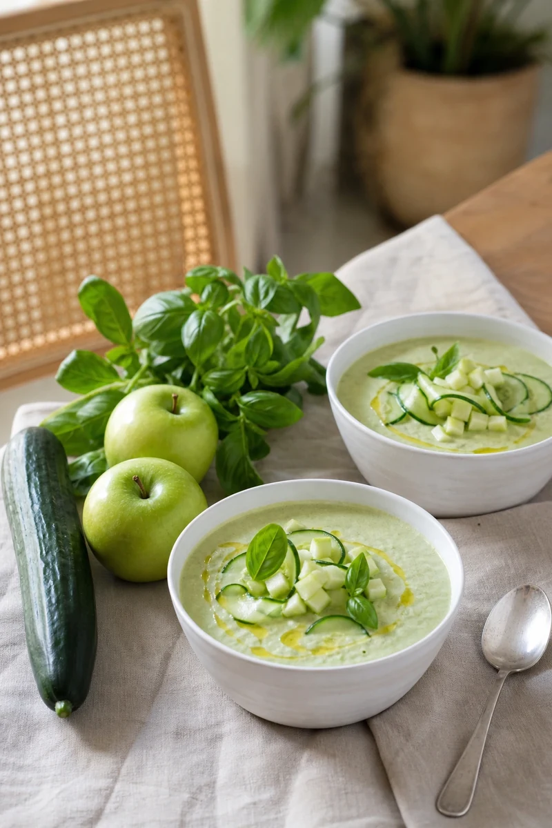 Deux bols de gaspacho vert au concombre, pomme verte et basilic frais, décorés de lamelles de concombre