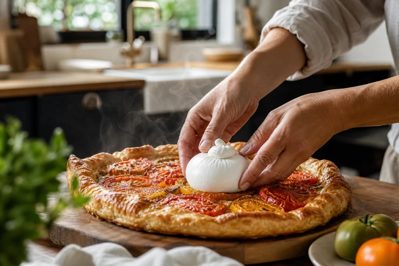 Burrata entière déposée sur la tarte tomate tiède sortie du four