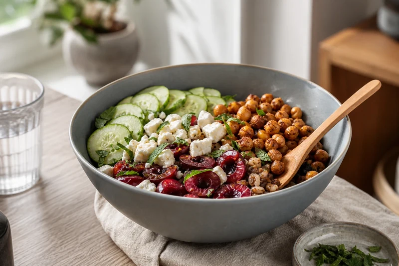 Buddha bowl méditerranéen aux pois chiches grillés, cerises, concombre et riz complet