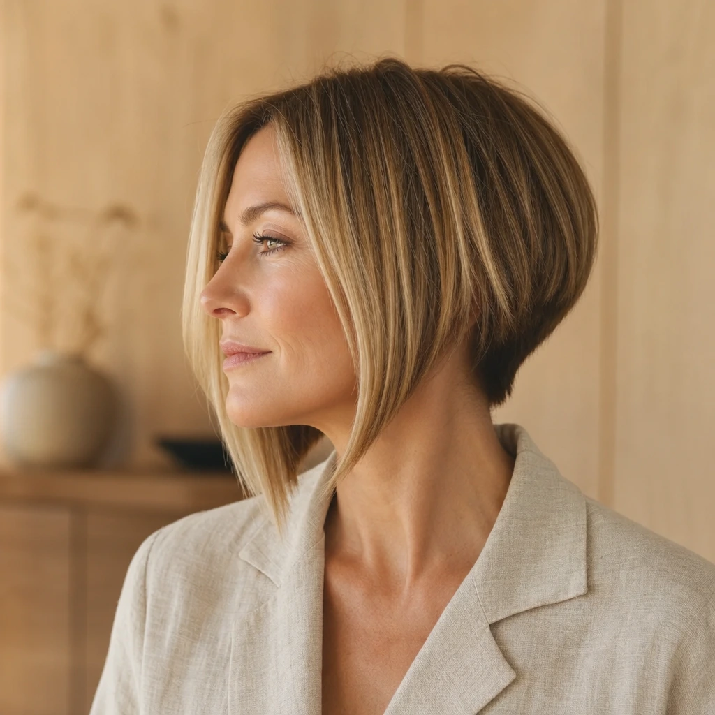 Carré plongeant blond foncé vu de profil sur visage carré