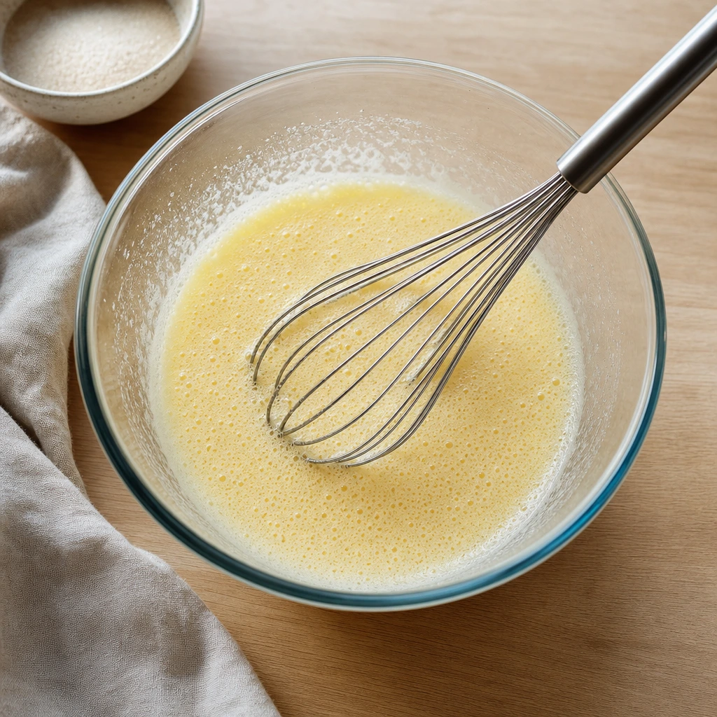 Œufs et sucre fouettés en mousse claire pour la pâte du clafoutis