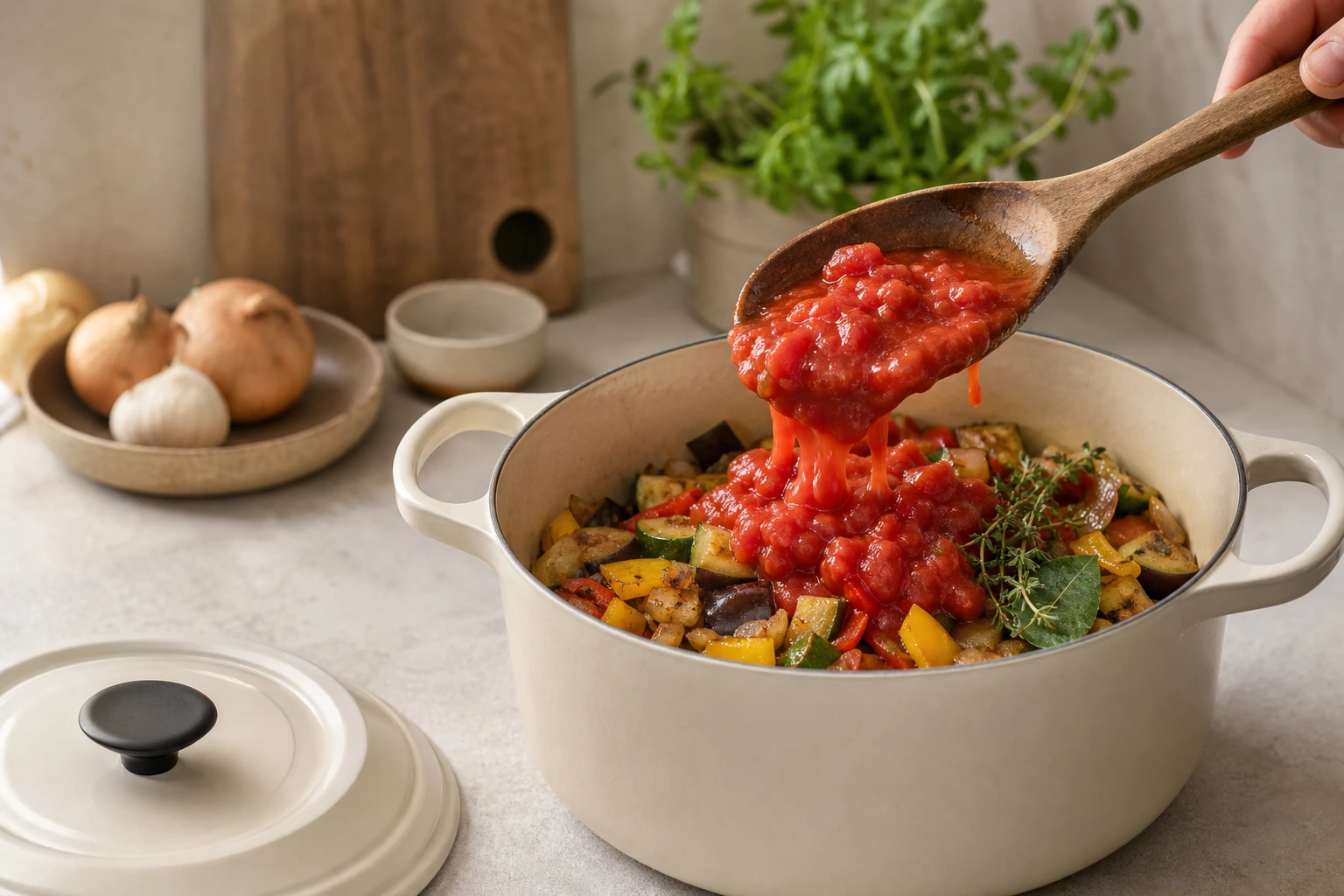Assemblage final : tomates ajoutées sur les légumes pré-cuits dans la cocotte