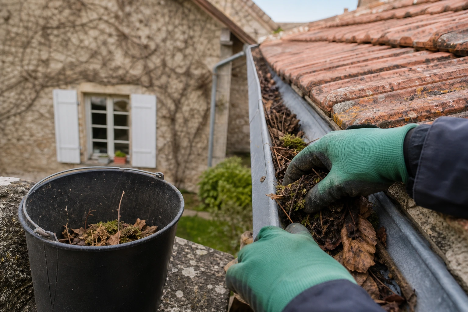 Nettoyage manuel d'une gouttière en zinc encombrée de feuilles et de mousse