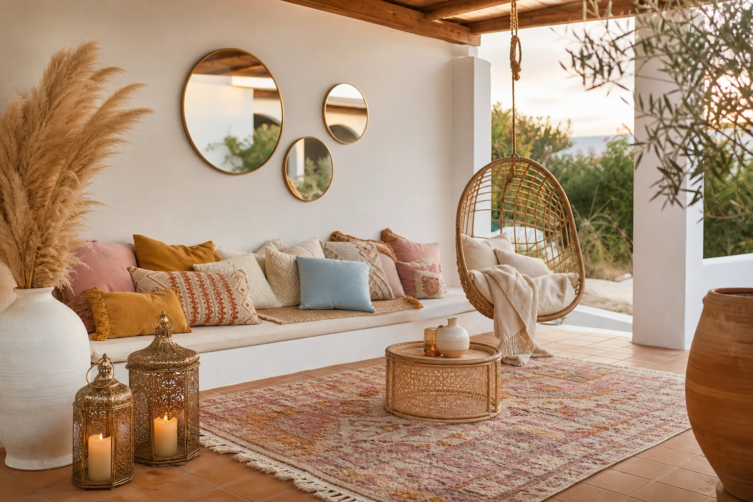 Patio bohème avec fauteuil œuf en rotin suspendu, coussins multiples, miroirs ronds et lanternes marocaines
