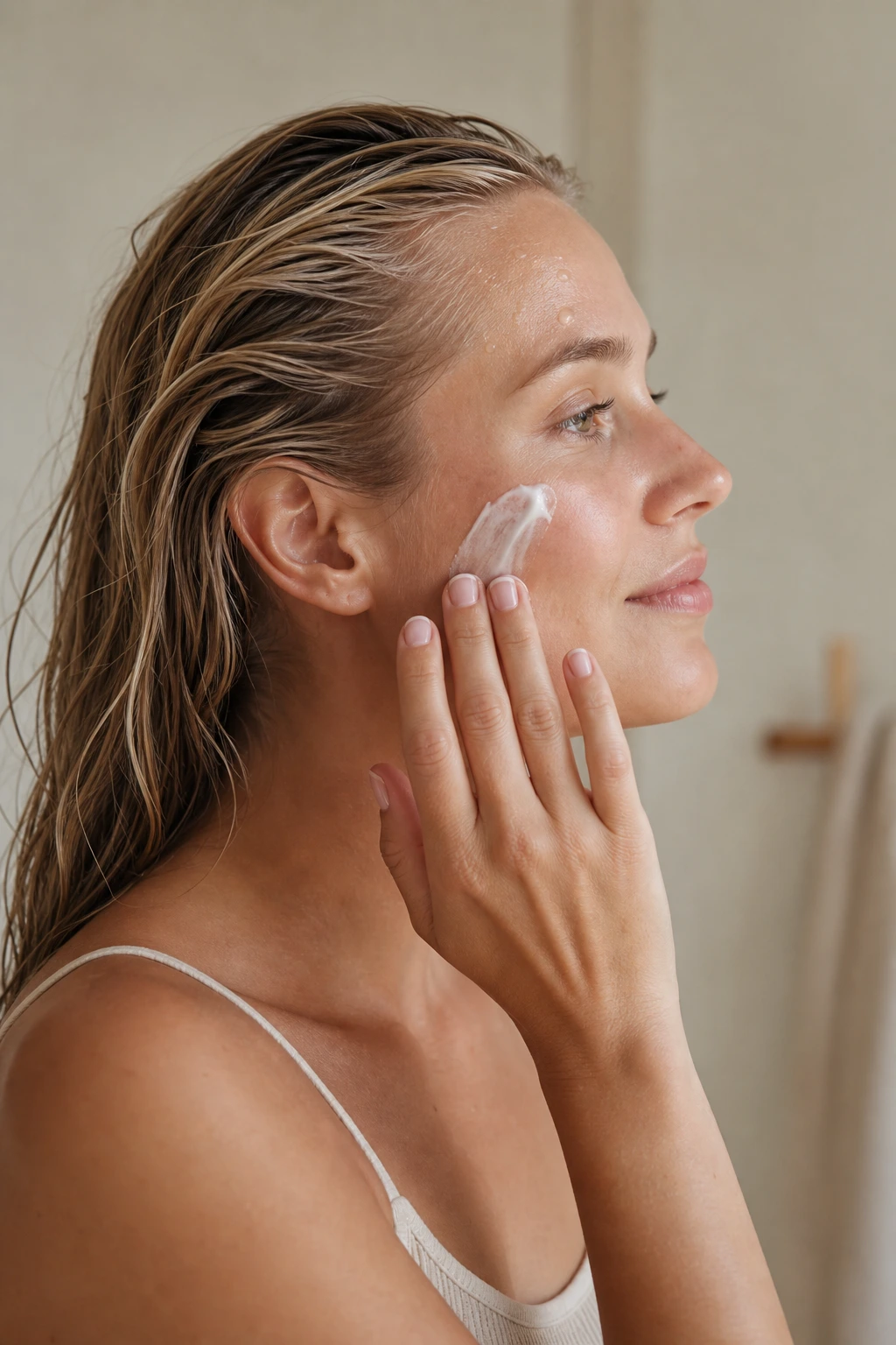 Application de crème solaire SPF 50 sur le visage après le sérum, geste du matin