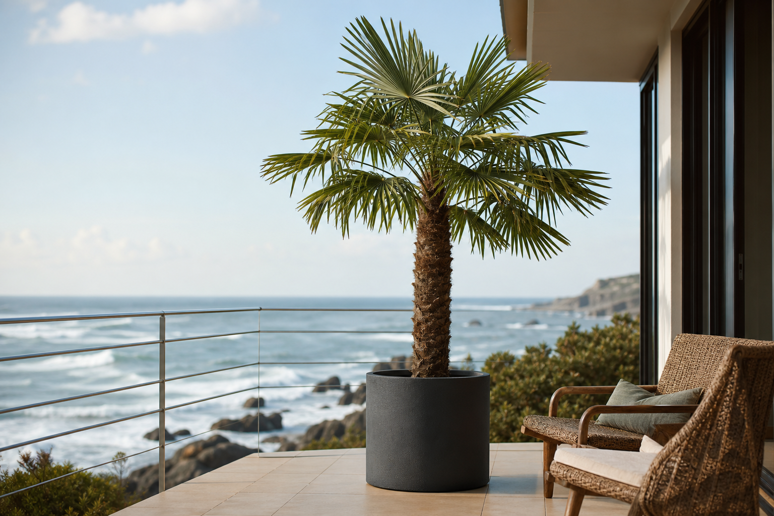 Trachycarpus fortunei en grand pot béton sur terrasse atlantique