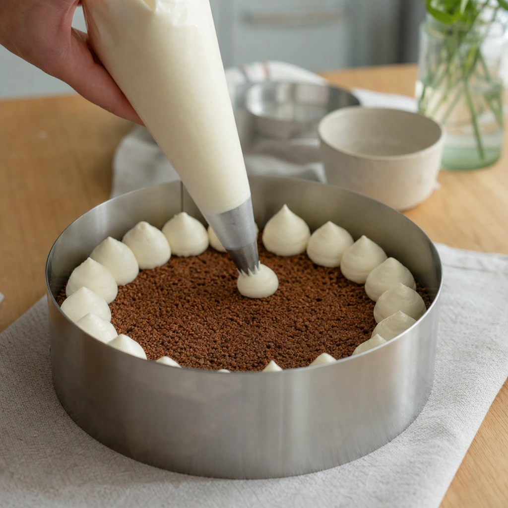 Pochage de la crème mascarpone à la poche à douille sur la base biscuitée refroidie
