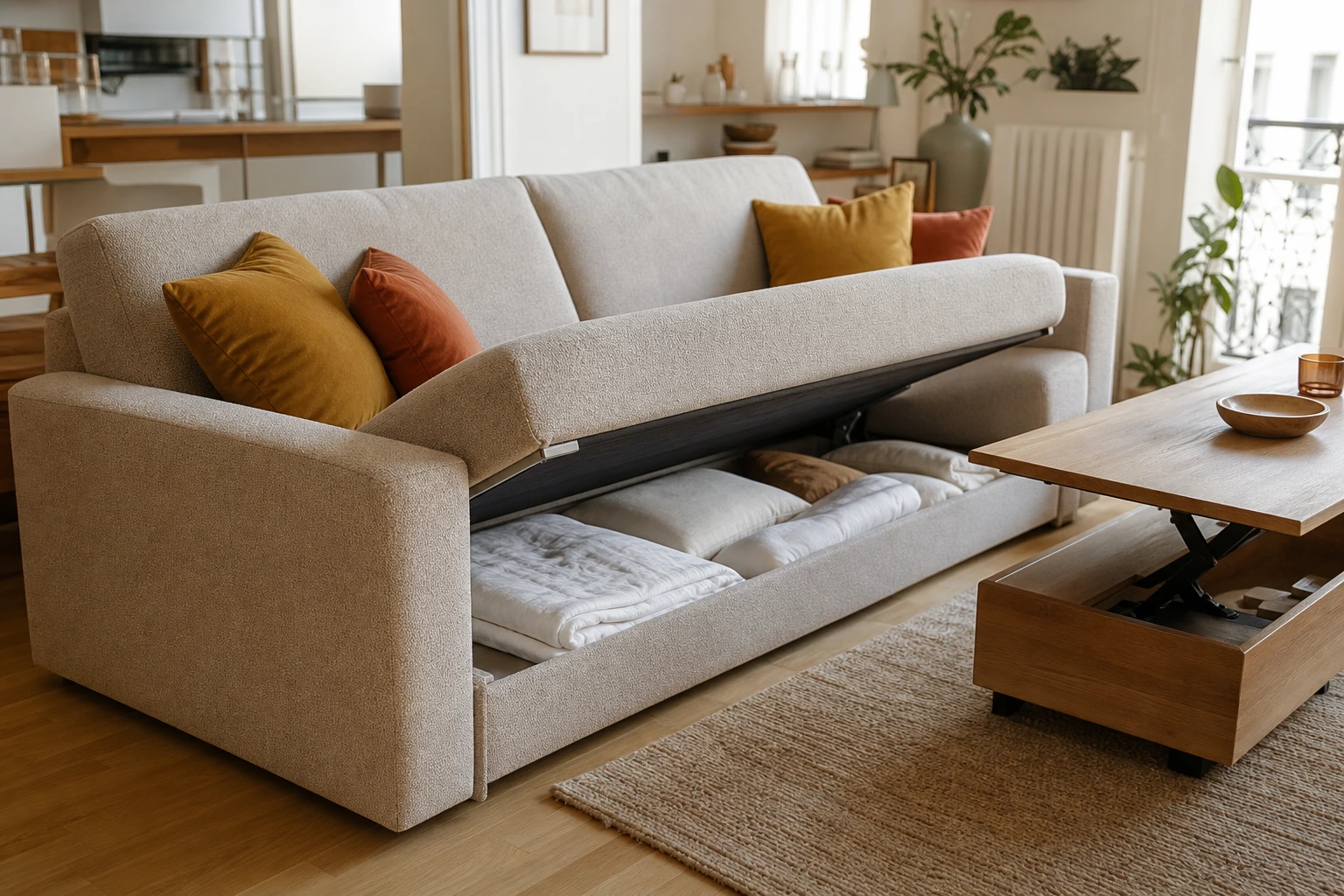 Canapé-lit avec coffre de rangement ouvert sur le couchage intégré