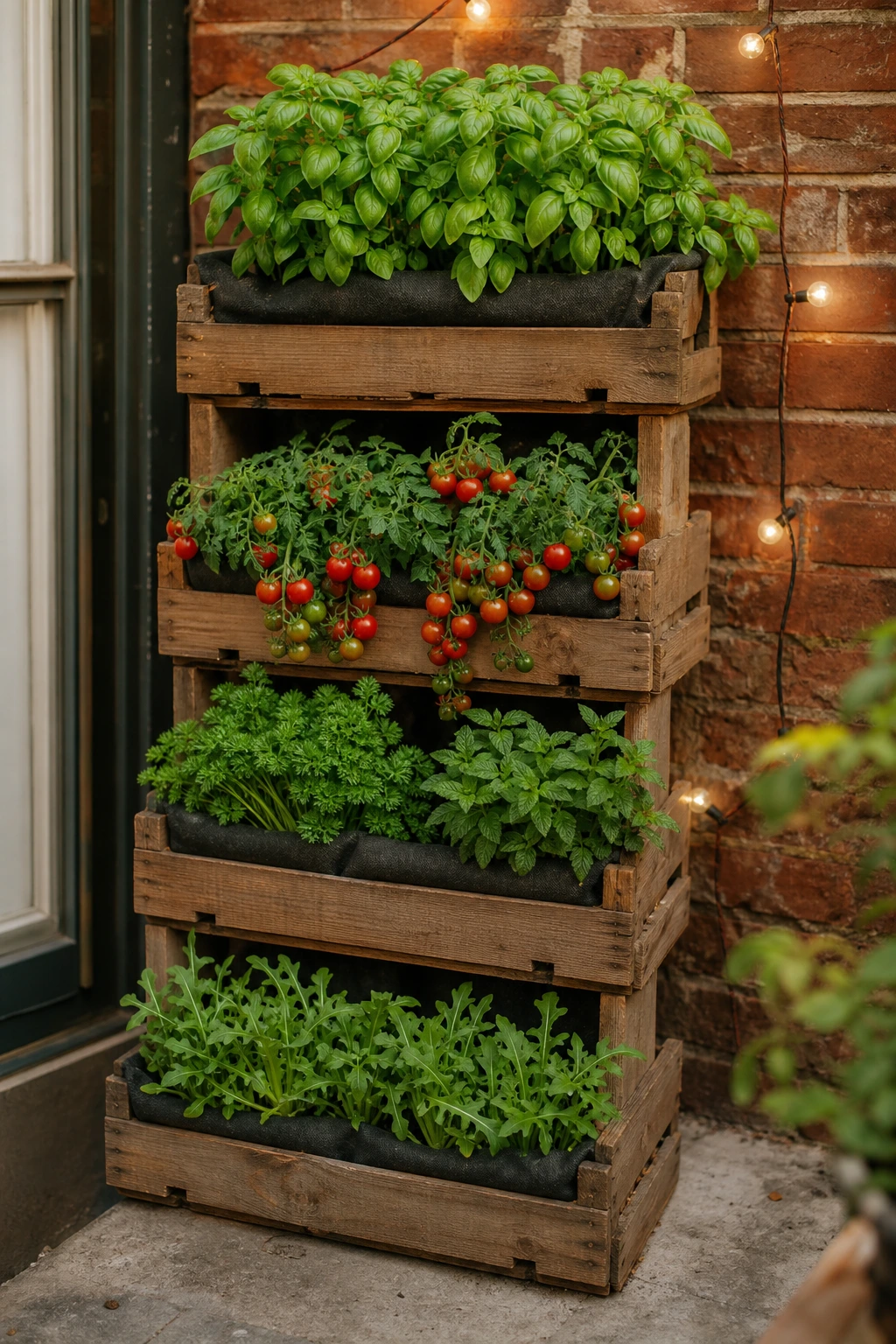 Tour de cagettes en bois empilées plantées d'aromatiques et de tomates cerises sur balcon