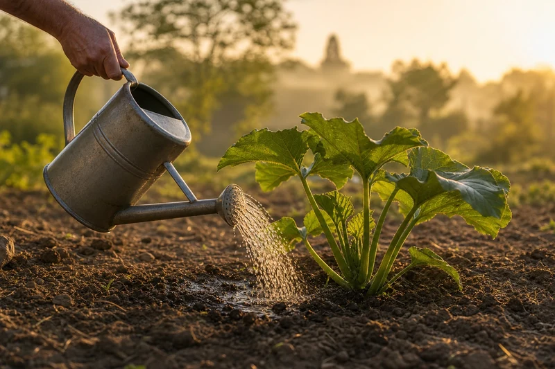 Arrosage matinal au pied d'un pied de courgette avec un arrosoir en zinc à pomme