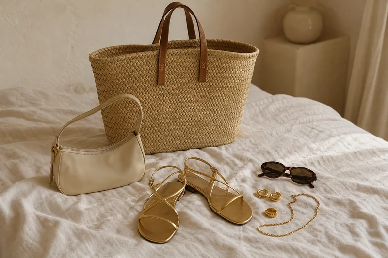Cinq accessoires capsule été 2026 : panier raphia, sac baguette crème, sandales dorées, créoles et lunettes écaille