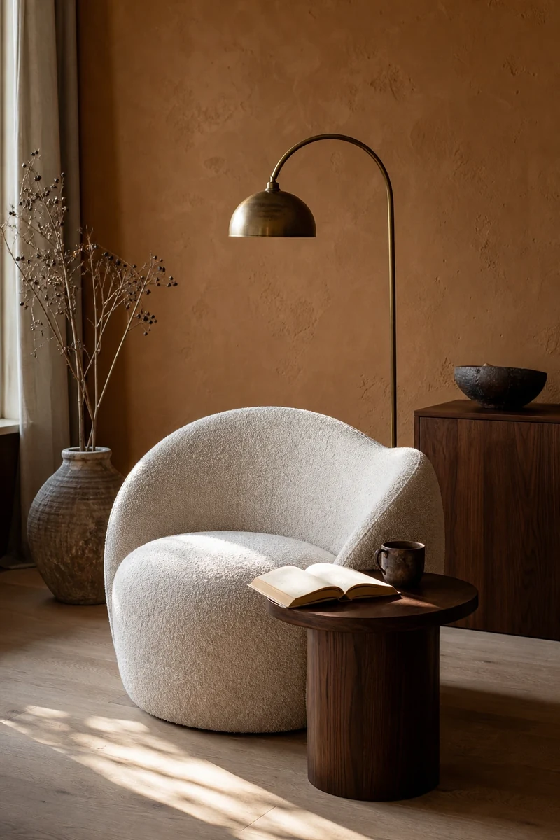 Coin lecture japandi enrichi avec fauteuil bouclette, lampadaire laiton et mur enduit ocre