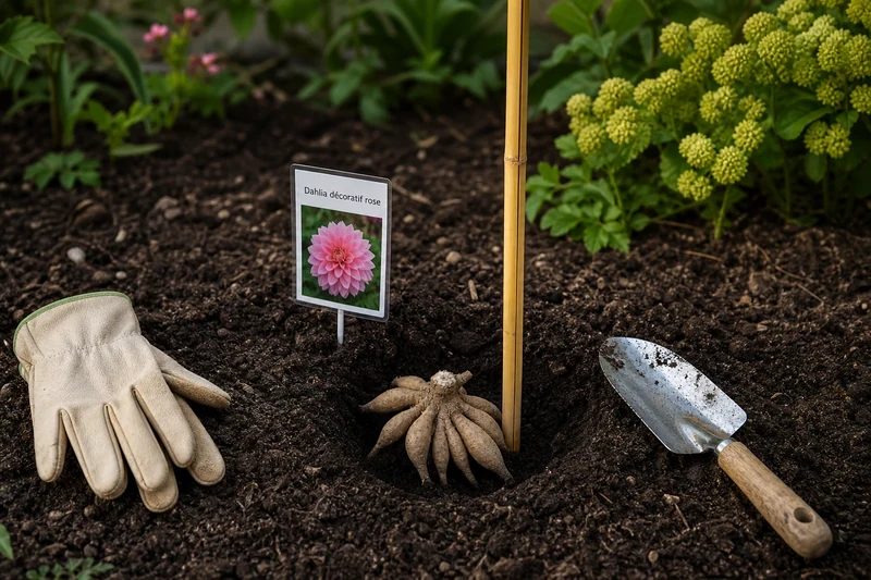 Plantation d'un tubercule de dahlia avec tuteur bambou et étiquette dans un massif