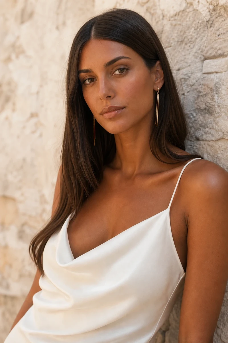Femme à la peau mate en robe nuisette en satin Cloud Dancer