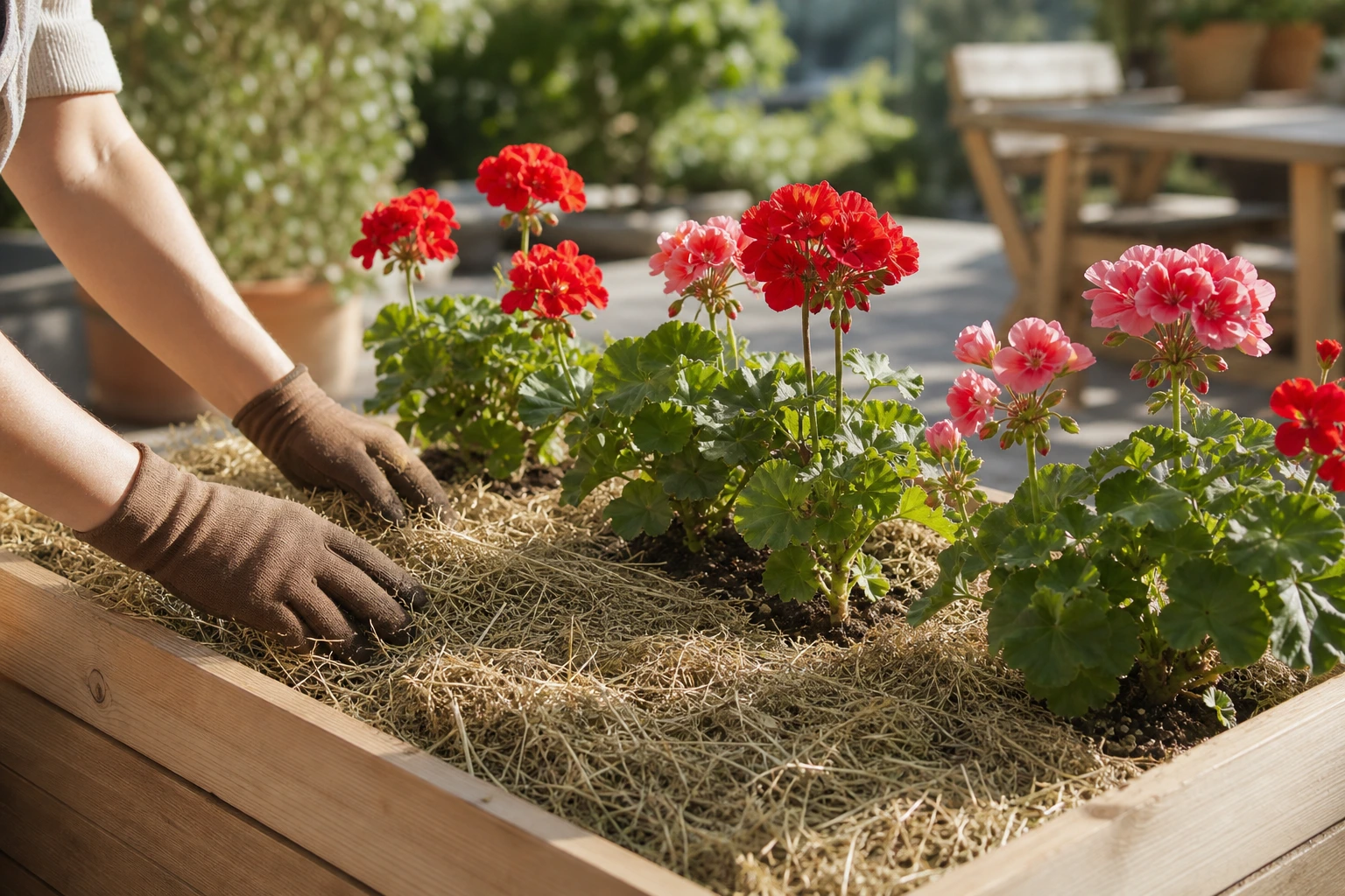 Pose d'un paillage de paille de 5 à 7 cm dans une jardinière de géraniums