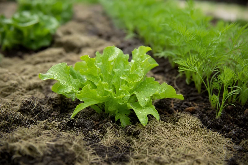 Plant de laitue feuille de chêne repiqué après la pluie dans le potager