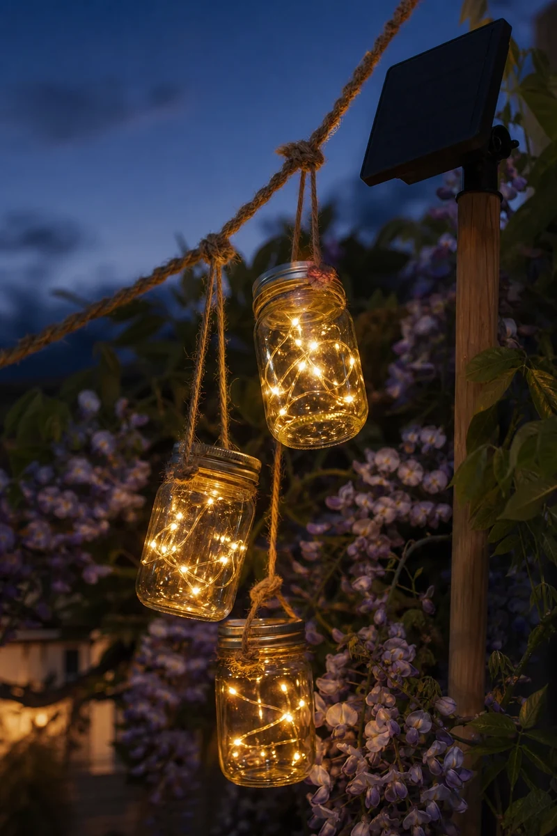 Bocaux en verre transformés en lanternes avec guirlande solaire LED suspendus à une corde de chanvre