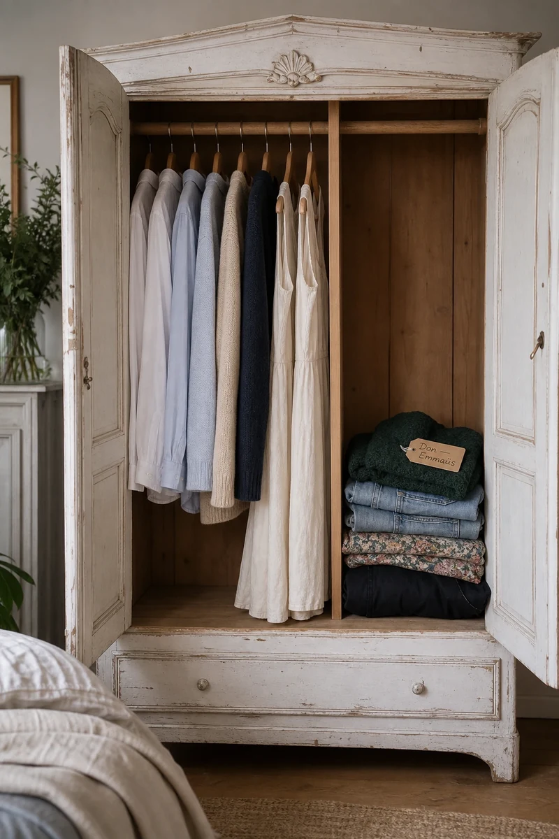 Dressing trié avec pile de vêtements à donner étiquetée pour Emmaüs