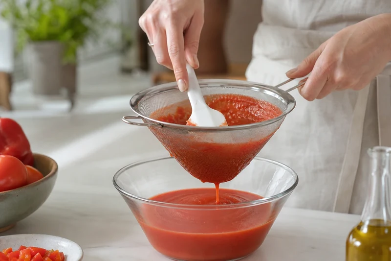 Gaspacho de tomates cerises filtré au chinois au-dessus d'un saladier en verre