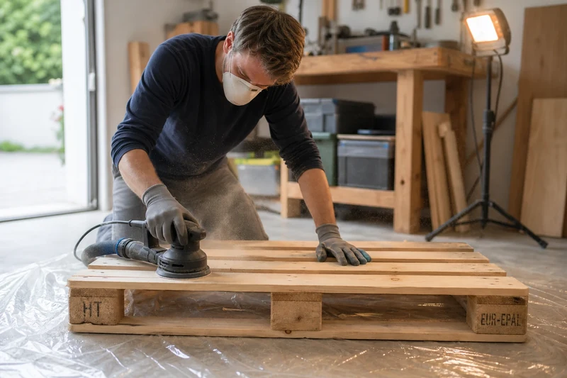 Ponçage d'une palette EPAL marquée HT à la ponceuse électrique dans un garage