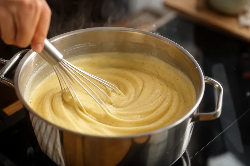 Cuisson de la crème pâtissière vanille au fouet dans une casserole en inox
