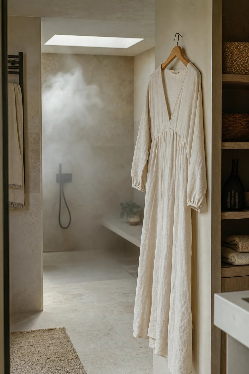 Robe longue en lin blanc suspendue dans une salle de bains envahie de vapeur de douche